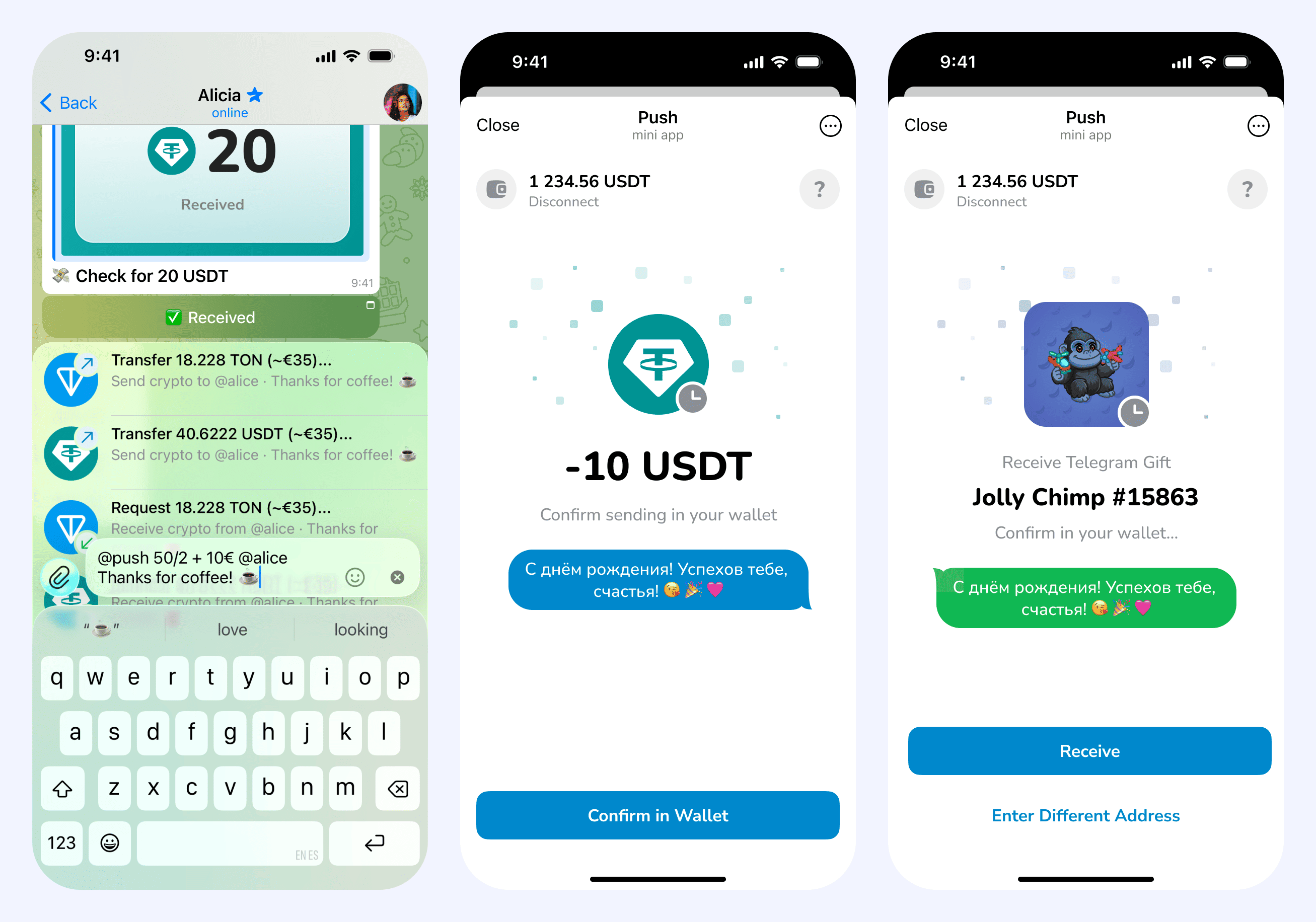 A check message within a chat, Waiting for Signature and Ready to Receive Mini App interfaces